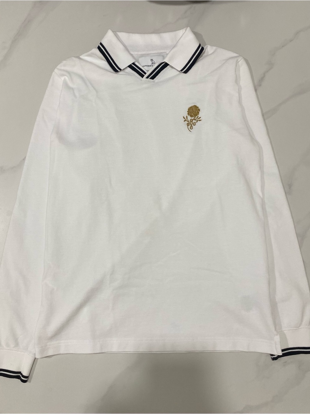 OVO White Long Sleeve Polo with Gold Rose Logo